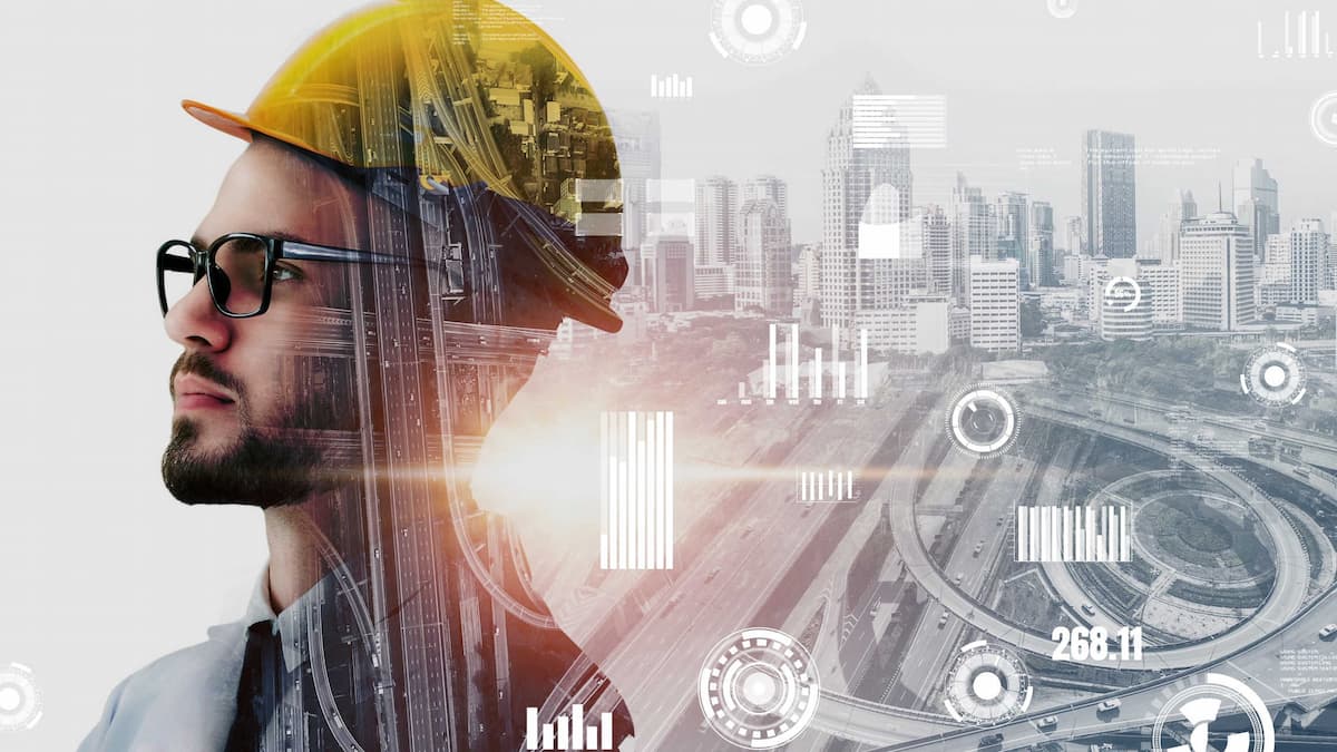 Civil engineer with city superimposed over of him