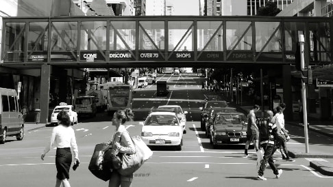 auckland commute - monochrome street view of busy auckland city